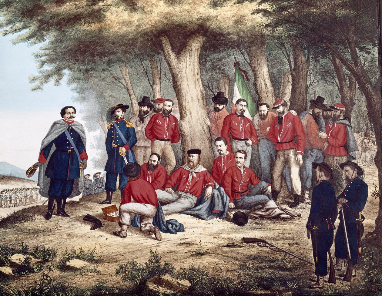 Risorgimento：“意大利爱国者 Giuseppe Garibaldi（1807-1882）在 Aspromonte 受伤，29/08/1862 被士兵运送”（绘画） 作者 未知艺术家