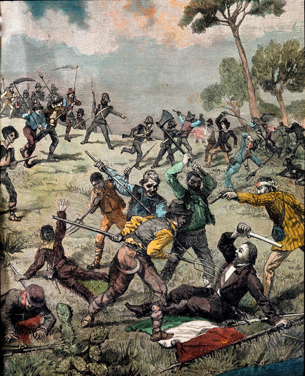 Risorgimento：“”意大利革命家 Carlo Pisacane（1818-1857）于 1857 年 6 月 28 日在萨普里被农民袭击””雕刻私人收藏 作者 未知艺术家