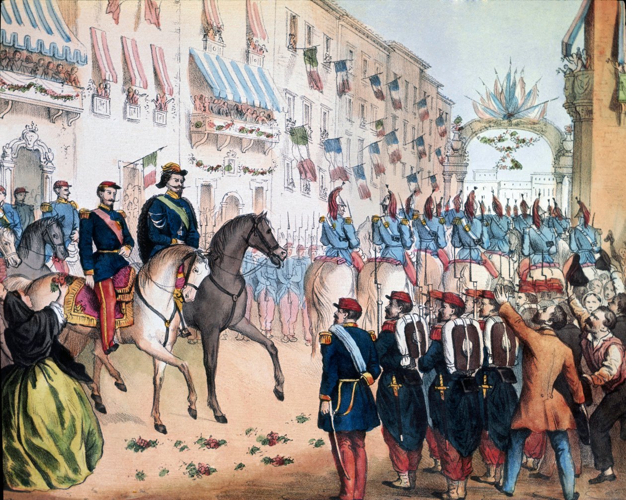 复兴运动。"1859年6月8日，意大利国王维克多-伊曼纽尔（Victor-Emmanuel或Vittorio Emanuele）二世和法国皇帝拿破仑三世在米兰入场。石版画 罗马国家博物馆的Risorgimento博物馆 作者 未知艺术家