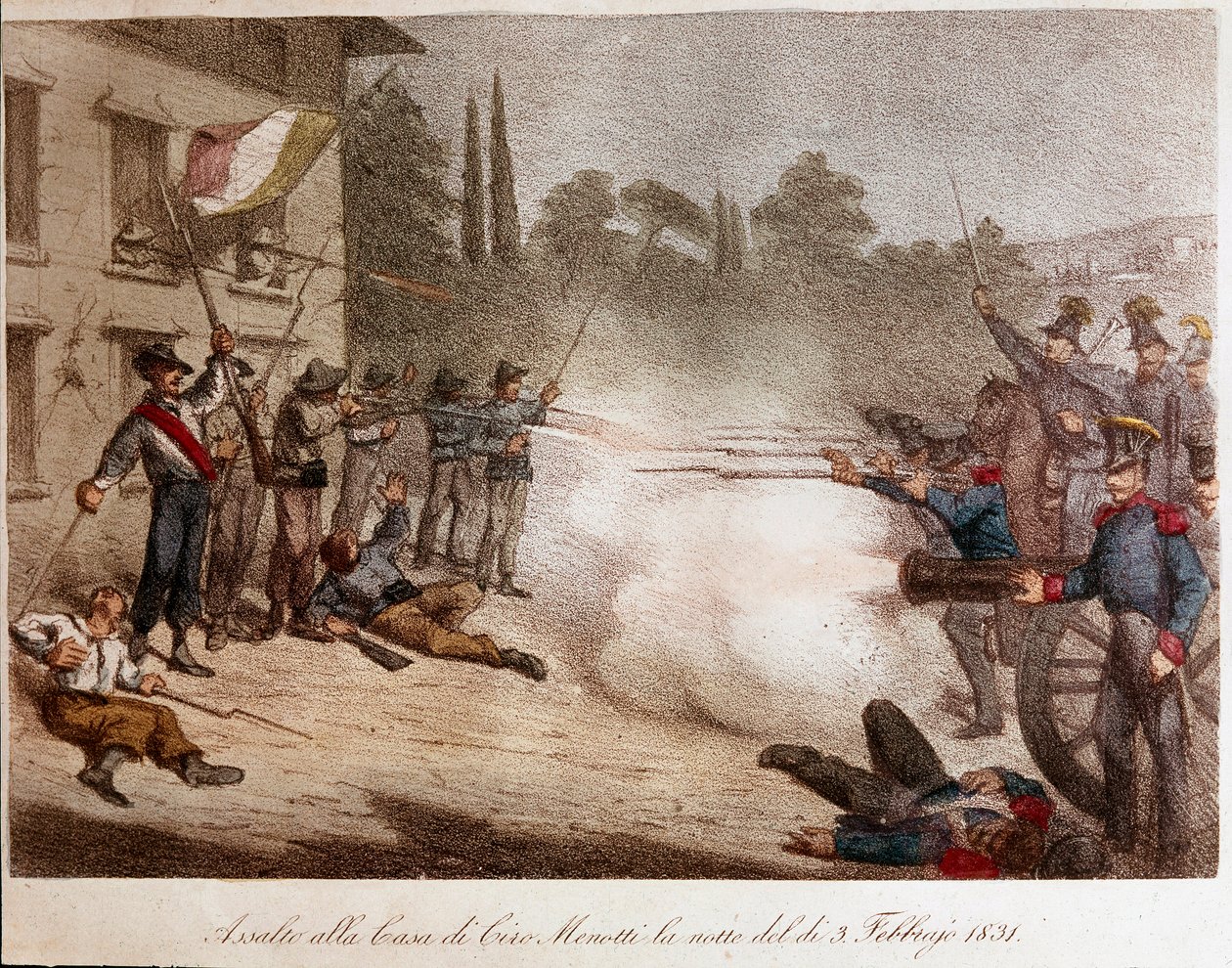 复兴运动：弗朗索瓦四世-德-摩德纳（Francesco IV di Modena）的士兵在1831年2月3日晚冲进了Ciro Menotti的家。平版印刷 私人收藏 作者 未知艺术家