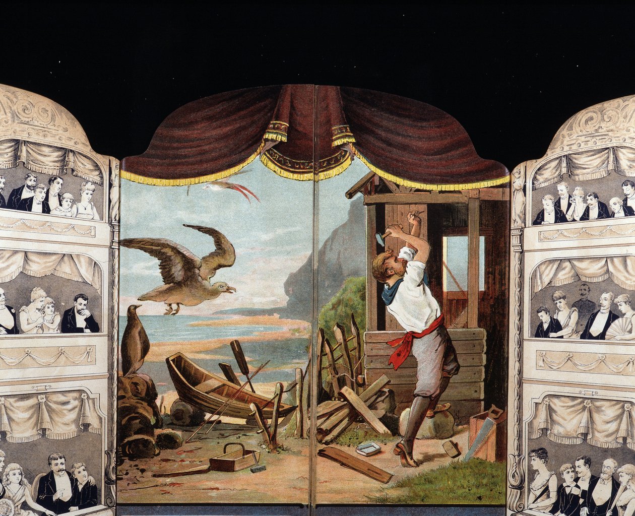 鲁滨逊漂流记》建造他的小屋，约1890年。丹尼尔-德-福（Daniel de Foe）（1660 - 1731）的《罗马》。 作者 未知艺术家