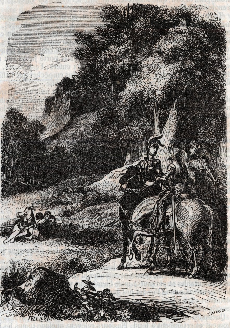 罗杰（Ruggero，Ruggiero）、玛菲莎（Marphise）和三个女人--1851年的雕刻，出自路多维科-阿里奥斯托（Ludovico Ariosto）的《罗兰-弗里欧斯》（Orlando furioso）（16世纪），称为阿里奥斯托--由特雷桑伯爵从意大利语翻译的版本，并由其出版。 作者 未知艺术家