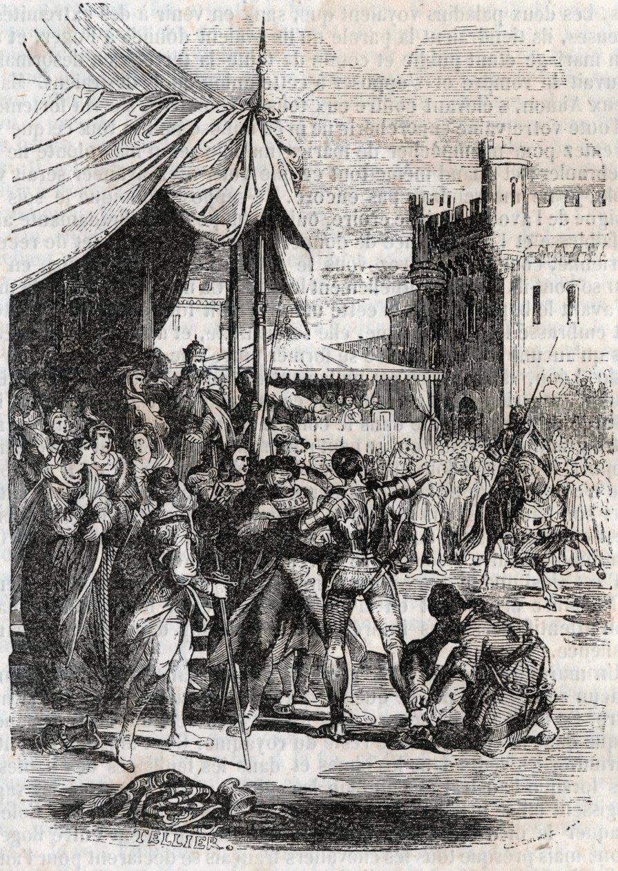 罗杰(Ruggero，Ruggiero)在战斗中藐视着罗多蒙(Rodomonte)--1851年的雕刻，出自路多维科-阿里奥斯托的《愤怒的罗兰》(Orlando furioso)(16世纪)，被称为阿里奥斯塔--由特雷桑伯爵从意大利文翻译的版本并出版 作者 未知艺术家