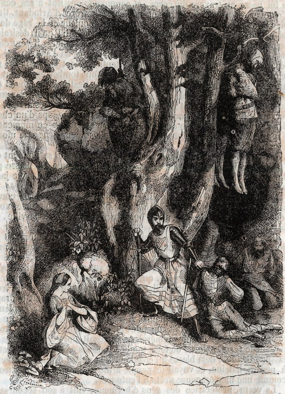 罗兰和和山洞里的七个旅人--1851年的雕刻，出自卢多维科-阿里奥斯托的《愤怒的罗兰》（Orlando furioso）（16世纪），被称为阿里奥斯塔--由特雷桑伯爵从意大利语翻译的版本，由古斯塔夫-哈佛出版。 作者 未知艺术家