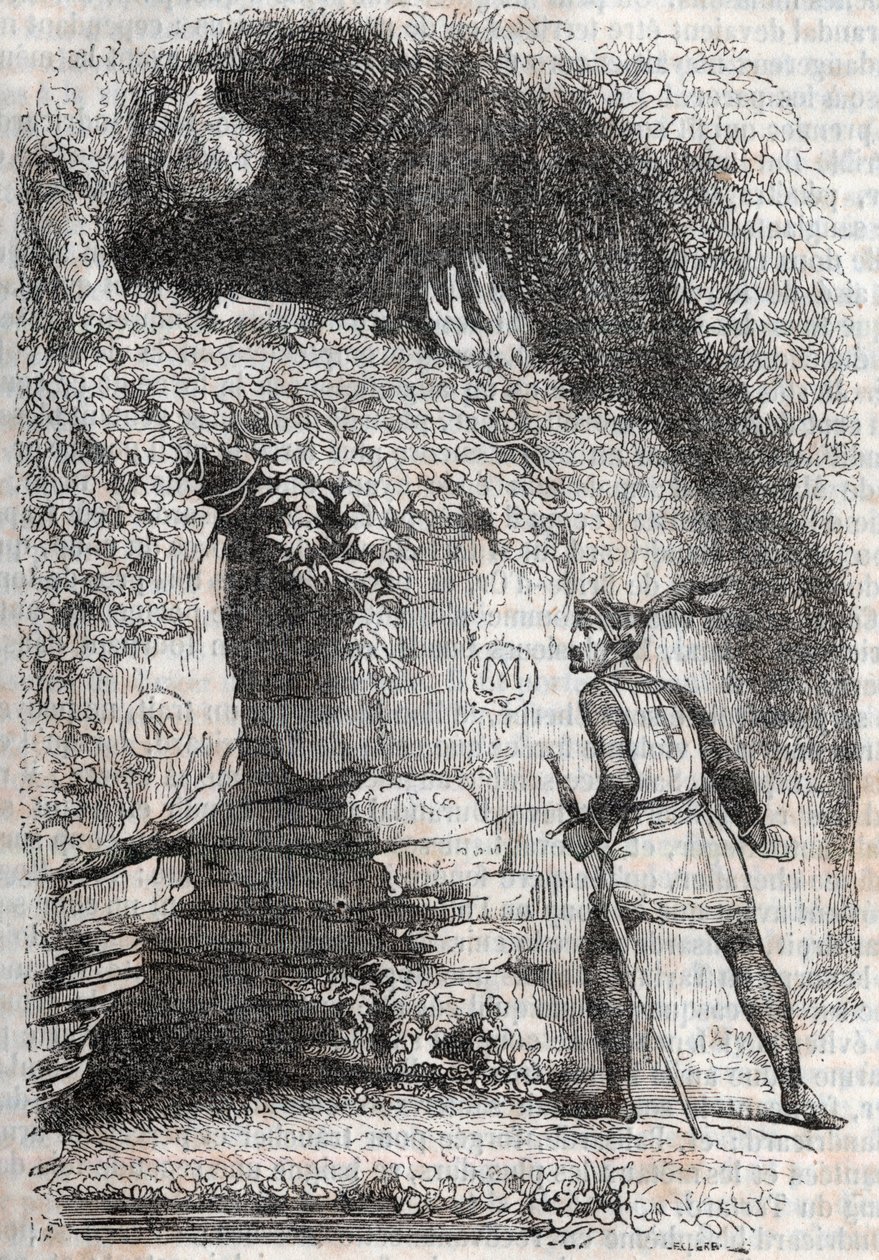 罗兰发现了梅多（Medoro）和安吉莉卡（Angelica）的身影--1851年的雕刻，出自卢多维科-阿里奥斯托的《愤怒的罗兰》（Orlando furioso）（16世纪），被称为阿里奥斯塔--由特雷桑伯爵从意大利语翻译过来的版本，并出版。 作者 未知艺术家