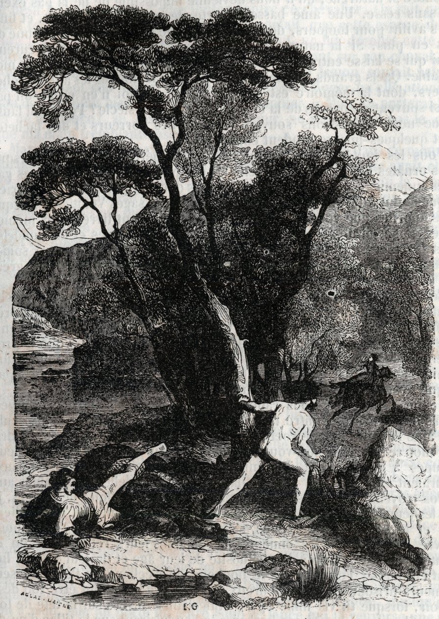 罗兰追求安吉莉卡（Angelica）--1851年的雕刻，出自卢多维科-阿里奥斯托的《愤怒的罗兰》（Orlando furioso）（16世纪），被称为阿里奥斯托--由特雷桑伯爵从意大利语翻译的版本，1851年由古斯塔夫-哈佛出版。 作者 未知艺术家