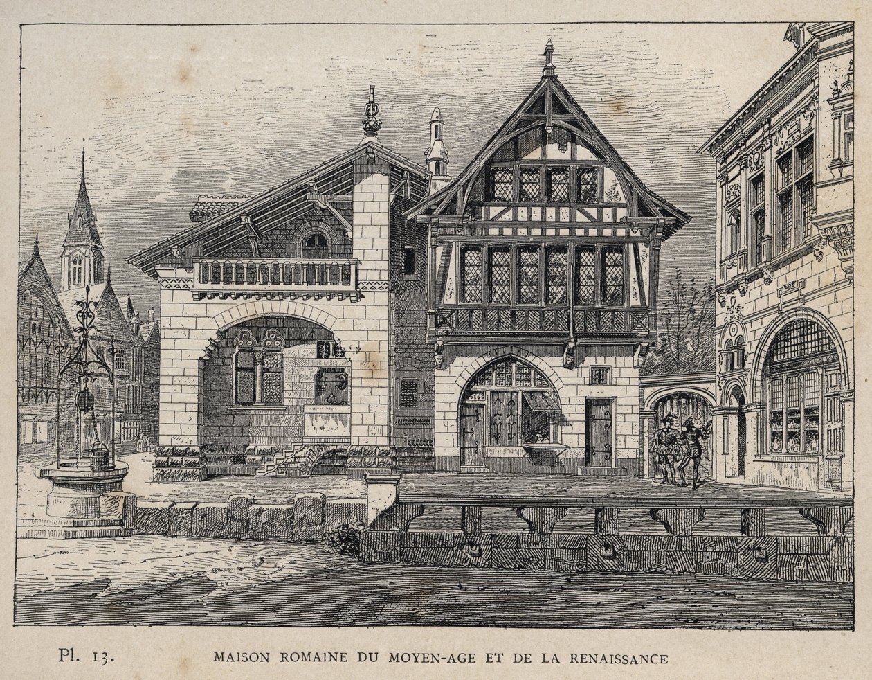 中世纪和文艺复兴时期的罗马房屋--1889年的雕刻，载于 "Histoire de habitation humaine à l