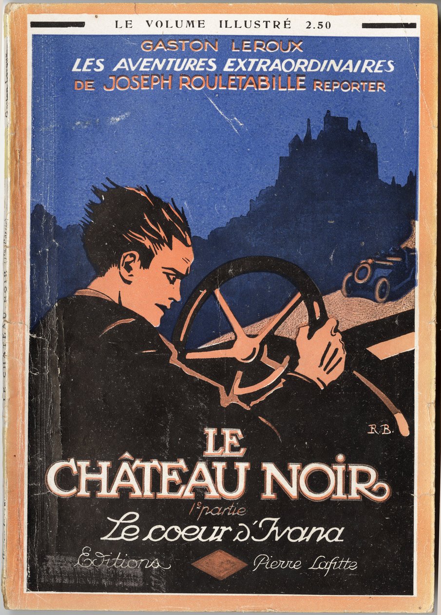 Rouletabille 驾驶敞篷车追赶一辆汽车，为 Gaston Leroux（1868-1927 年）创作的封面插图，皮埃尔-拉菲特版，巴黎 作者 未知艺术家