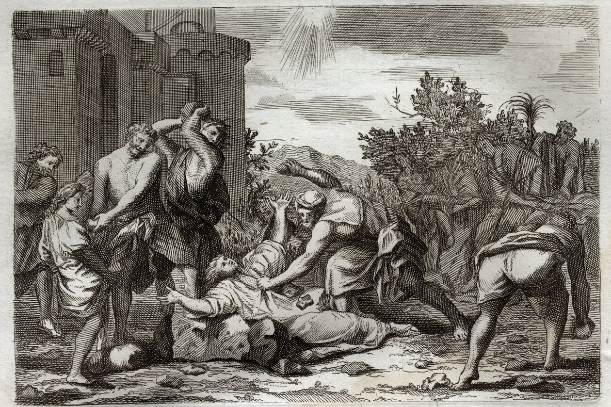 罗亚蒙圣经，新约。圣司提反，第一位基督教殉道者，死于石刑。1811年的插图。 作者 未知艺术家