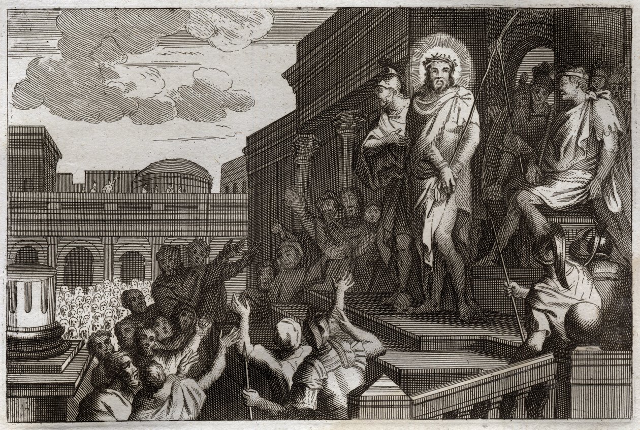罗亚蒙圣经，新约。Ecce homo。本丢-彼拉多（Pontius Pilatius）将带着荆棘的耶稣基督介绍给众人，说："这就是那个人"。1811年的插图。 作者 未知艺术家