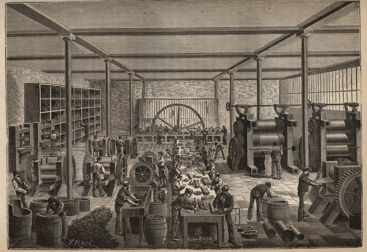 橡胶：橡胶厂。1885年阿道夫-比塔尔的 "艺术与计量图解 "中的雕版画。 作者 未知艺术家