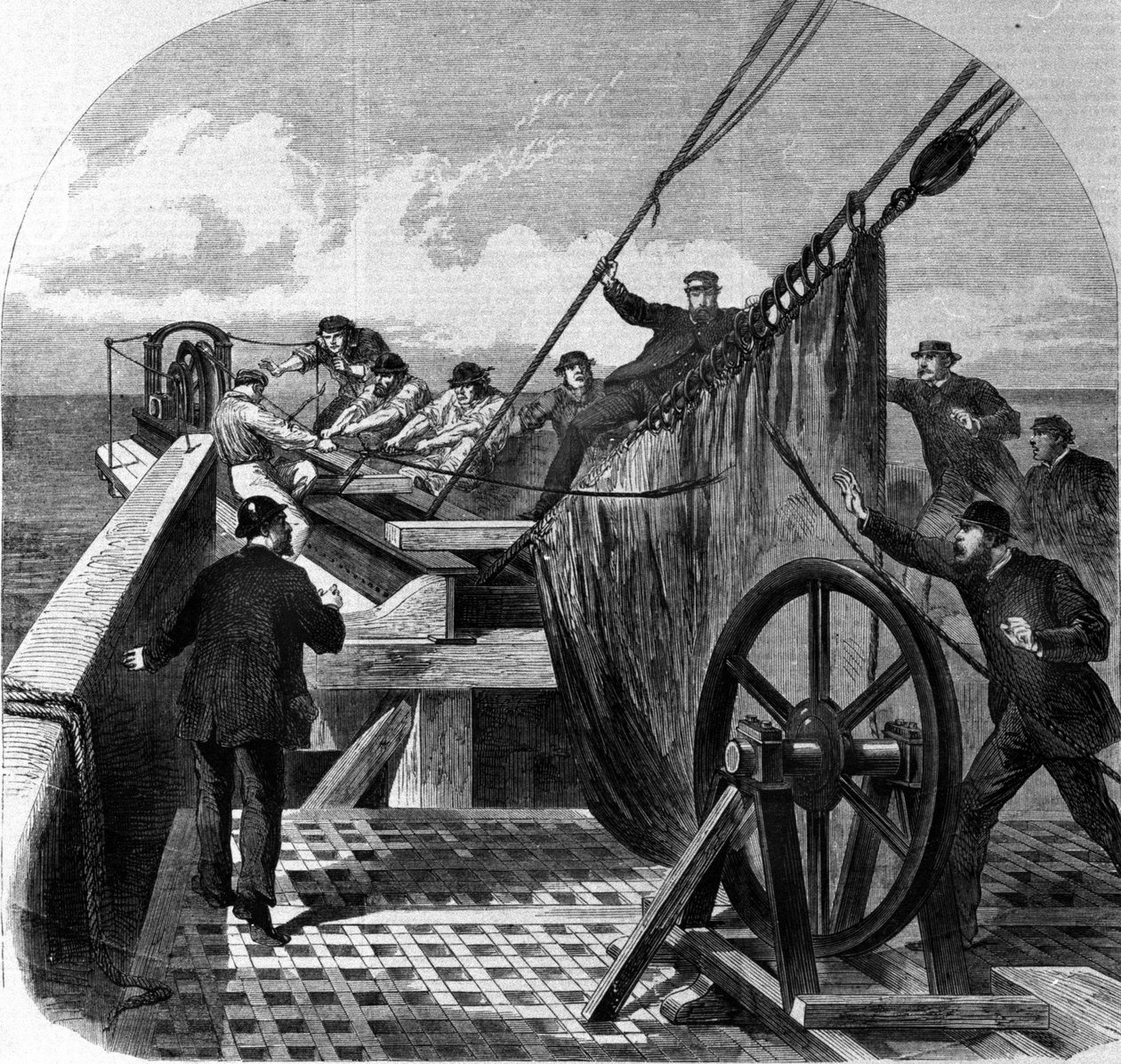 Rupture of the transatlantic telegraph cable on board the ship Great Eastern turned into a transatlantic telegraph cable layer between Europe and America, the breaking of the cable in 1865 作者 未知艺术家