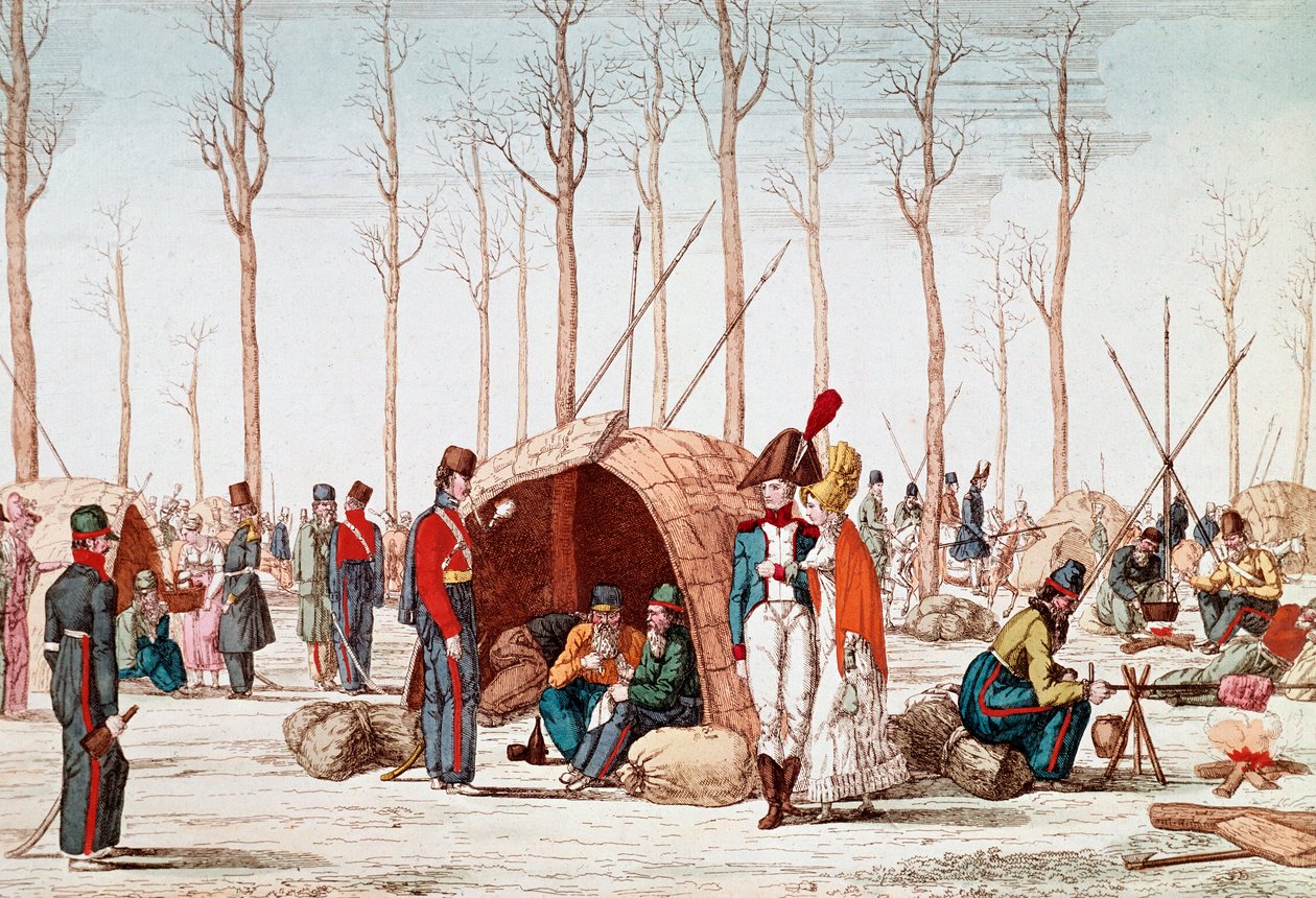 1814 年 3 月 31 日在法国巴黎香榭丽舍大街露营的俄罗斯士兵（版画） 作者 未知艺术家