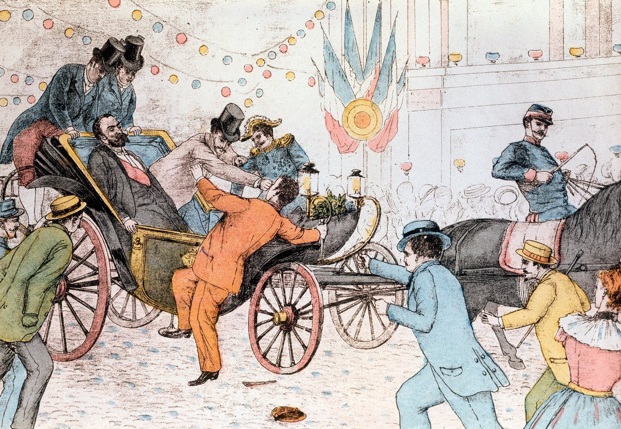 Sadi Carnot 被意大利无政府主义者 Sante Jeronimo Caserio 谋杀，1894 年 6 月 25 日（雕刻） 作者 未知艺术家