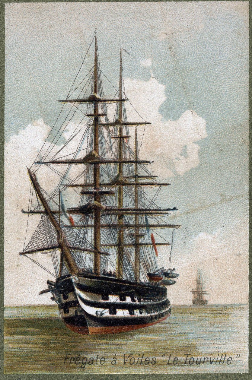 1787年的风帆自由门 "Le tourville"。19世纪的彩色石版画。 作者 未知艺术家