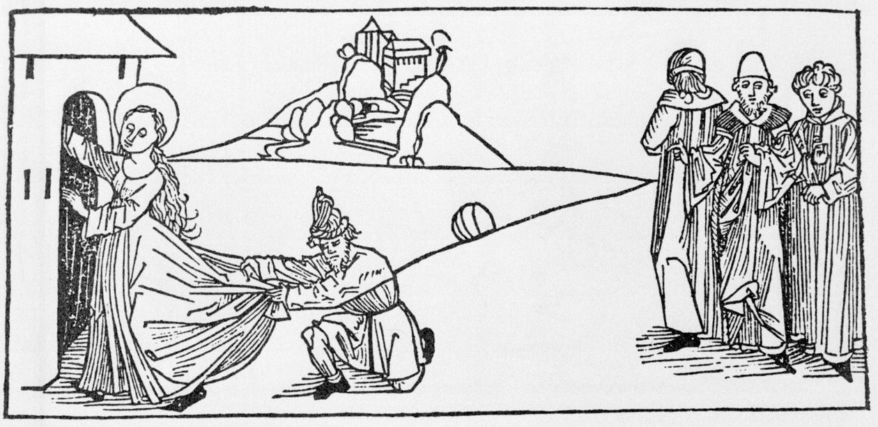 圣艾格尼丝。 Voragine (1228-1298) 的 Jacobus (James) 的“Leben der Heiligen - sommsteil”（圣人之书）雕刻。 杜贝克 1488。 作者 未知艺术家