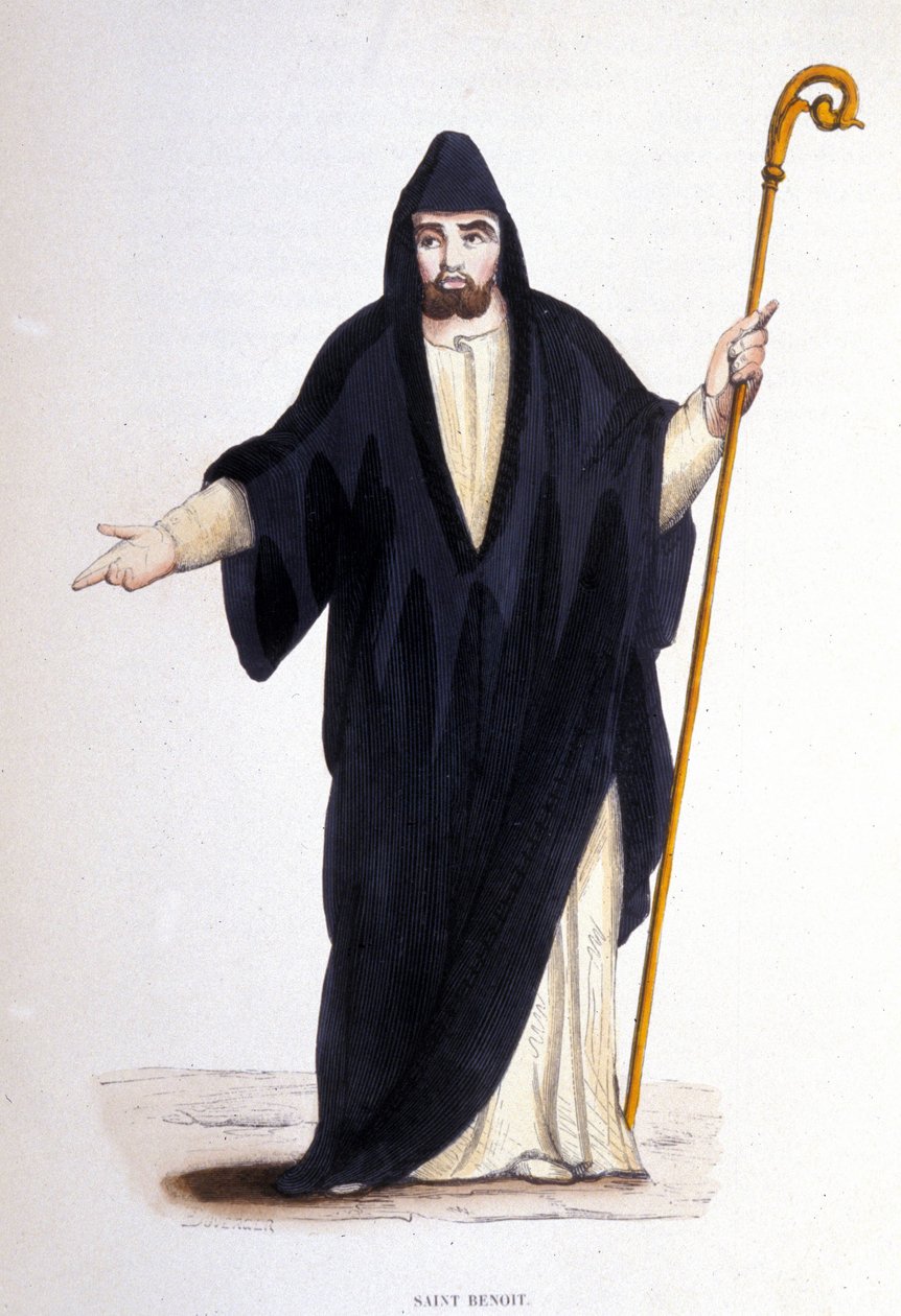 努尔西亚的圣本笃（约 480 - 527 年出生于翁布里亚的诺尔恰（Norcia））。 来自巴黎宗教秩序专辑的版画 作者 未知艺术家