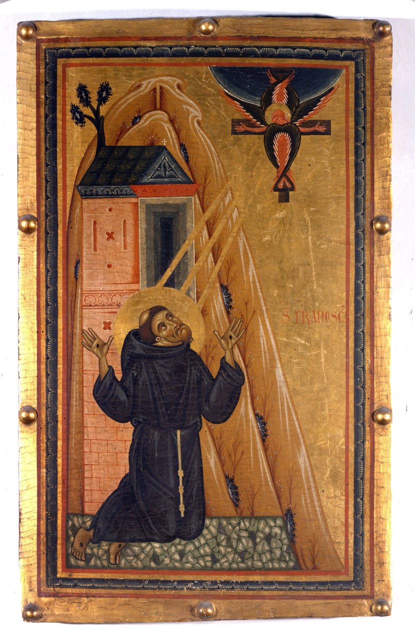 Saint Francis of Assises with stigmas. Painting on wood from the 13th century. Florence, Uffizi Gallery. 作者 未知艺术家