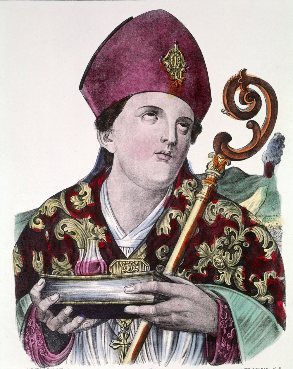 那不勒斯市的守护神 Saint Gennaro 或 Saint Janvier 手里拿着装有他的血液的安瓿。 19 世纪流行的彩色印刷品。 作者 未知艺术家