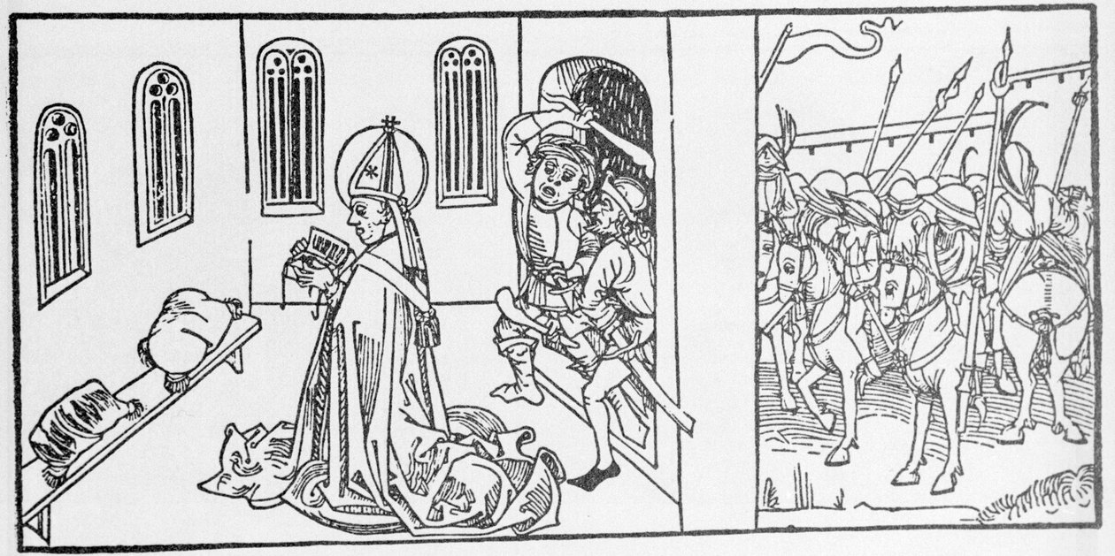 圣兰伯特。 Voragine (1228-1298) 的 Jacobus (James) 的“Leben der Heiligen - sommsteil”（圣人之书）雕刻。 杜贝克 1488。 作者 未知艺术家