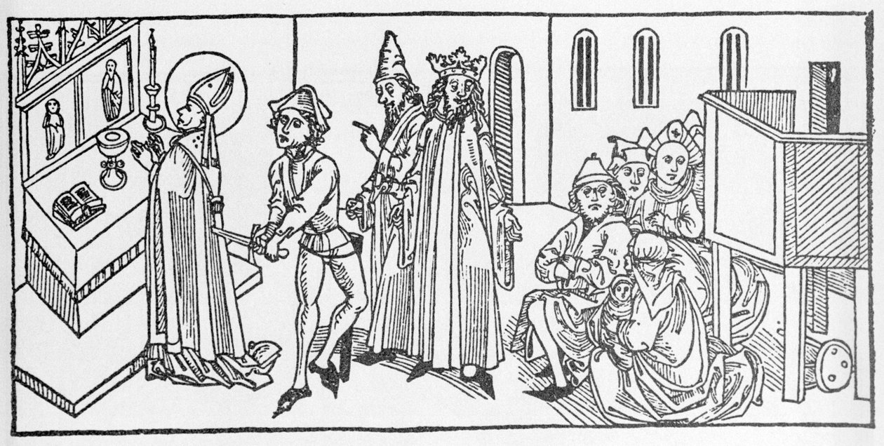 圣马太。 Voragine (1228-1298) 的 Jacobus (James) 的“Leben der Heiligen - sommsteil”（圣人之书）雕刻。 杜贝克 1488。 作者 未知艺术家