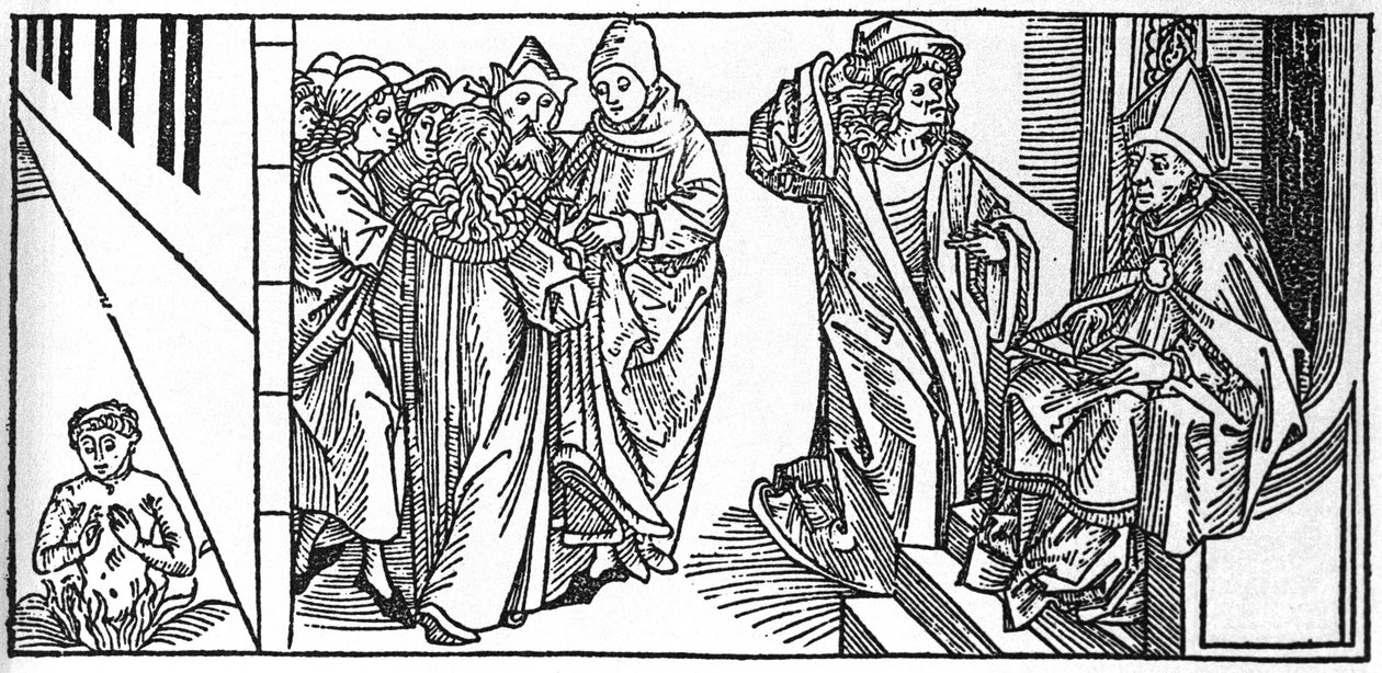 圣塞维林。 Voragine (1228-1298) 的 Jacobus (James) 的“Leben der Heiligen - sommsteil”（圣人之书）雕刻。 杜贝克 1488。 作者 未知艺术家