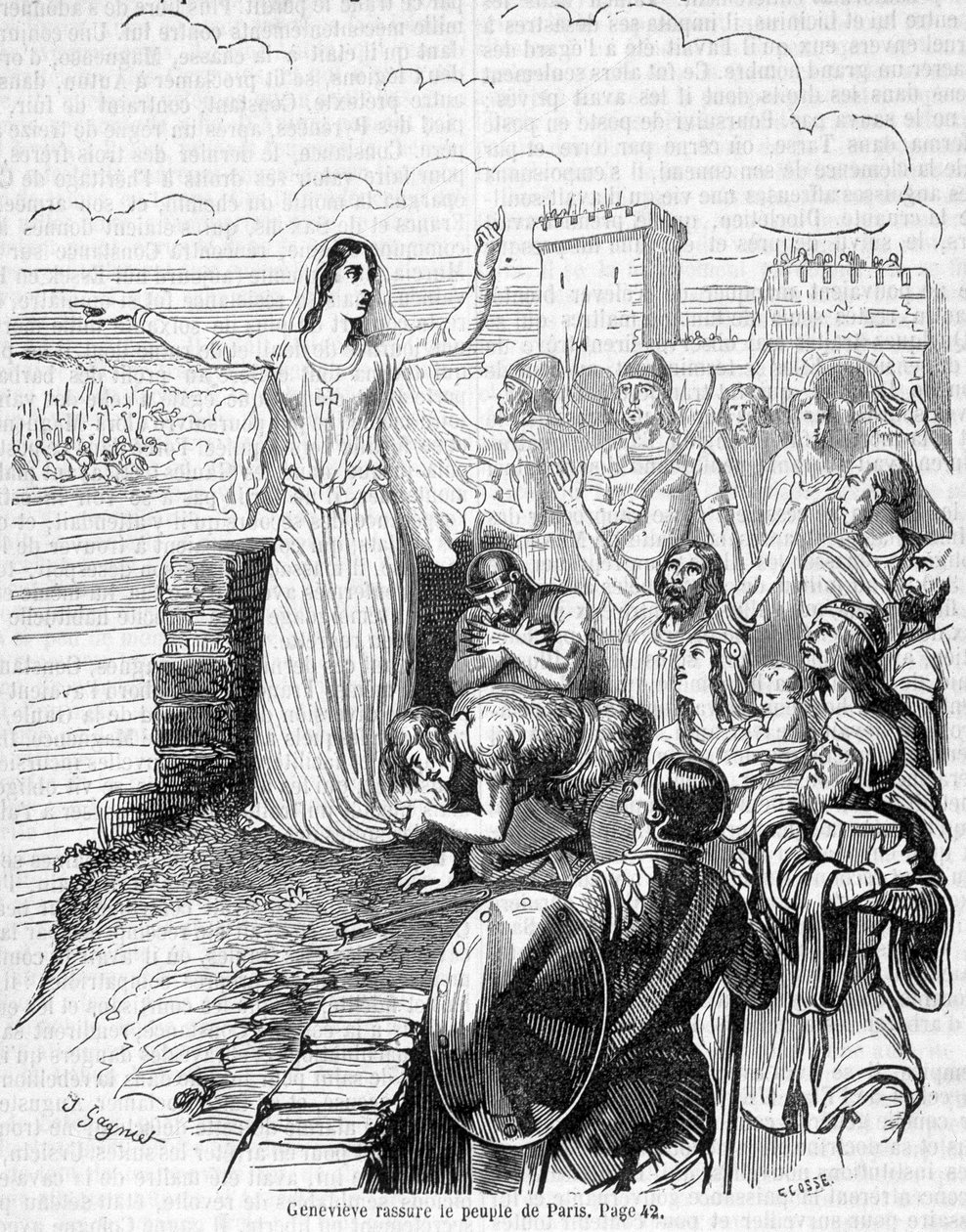 圣热纳维耶夫（Sainte Geneviève）组织了对阿提拉大军的防御，并让巴黎人民放心--见安凯尔的《法国历史》。 作者 未知艺术家