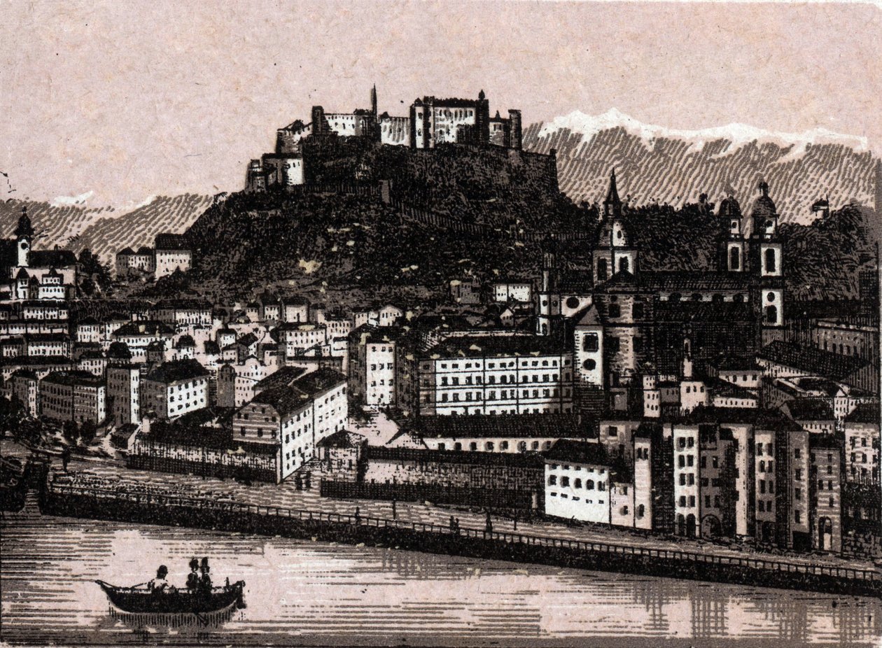 奥地利Salzkammergut地区：Salzburg von kapuzinergarten，载于 "世界168景"，无日期（19世纪末）。 作者 未知艺术家