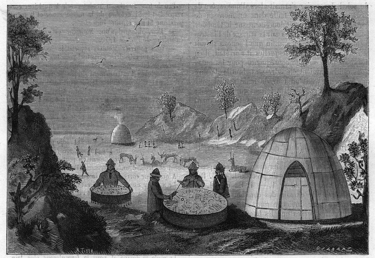 萨米人的巫师通过一个神奇的鼓来预测未来。1885年的雕刻。 作者 未知艺术家