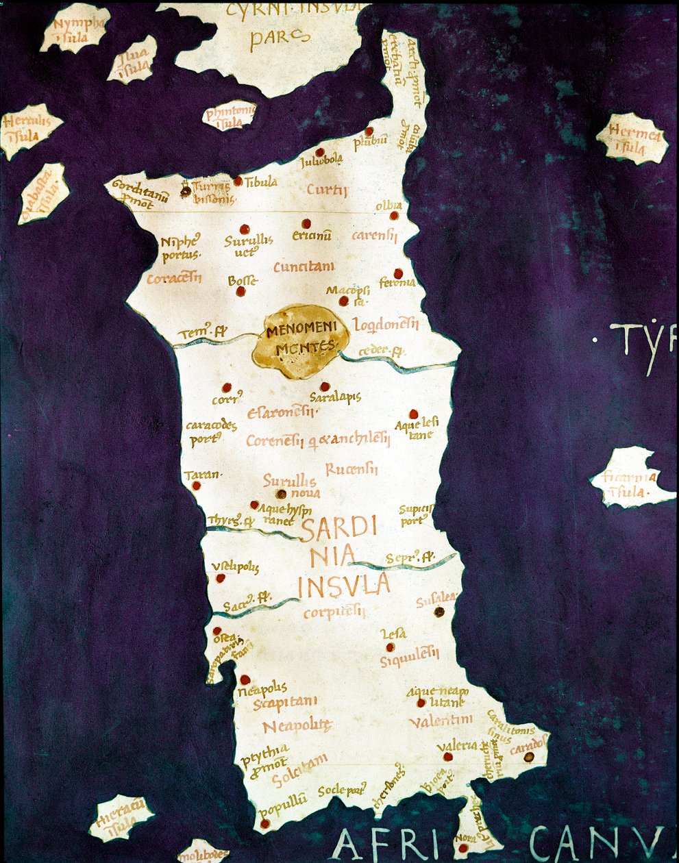 撒丁岛（Sardegna）。Claude Ptomelee（JC后2世纪）的 "Cosmographia"（地理学）所附的地理地图的细节，15世纪末，那不勒斯，Gerolamini图书馆 作者 未知艺术家