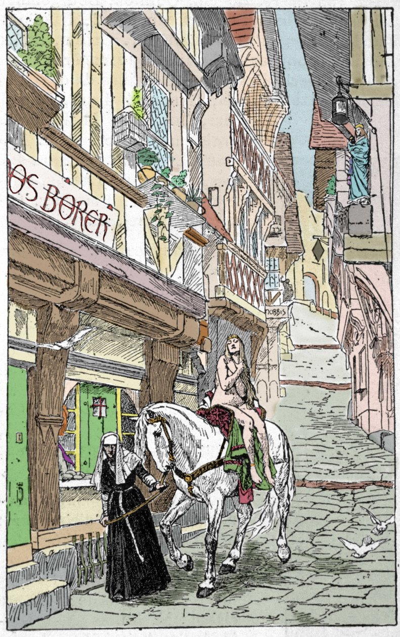 撒克逊传说：Godiva（Lady Godiva 或 Godgifu），一个撒克逊妇女，在公元 1000 年初，为了说服丈夫减少他征收的税收来资助他 军营 作者 未知艺术家