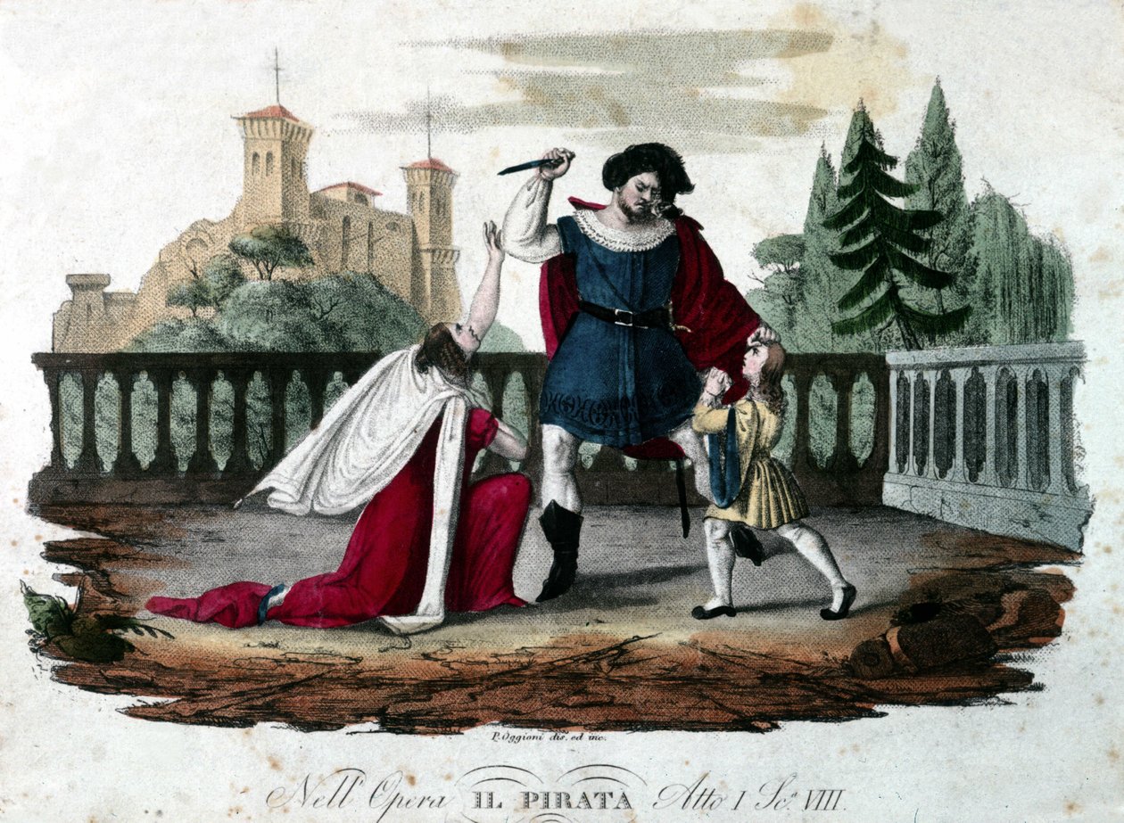 Scene 8 of Act V of “” Il pirata”” (The Pirate) by Vincenzo Bellini. Coloree engraving from 1827. First performance at the teatro alla Scala. 作者 未知艺术家