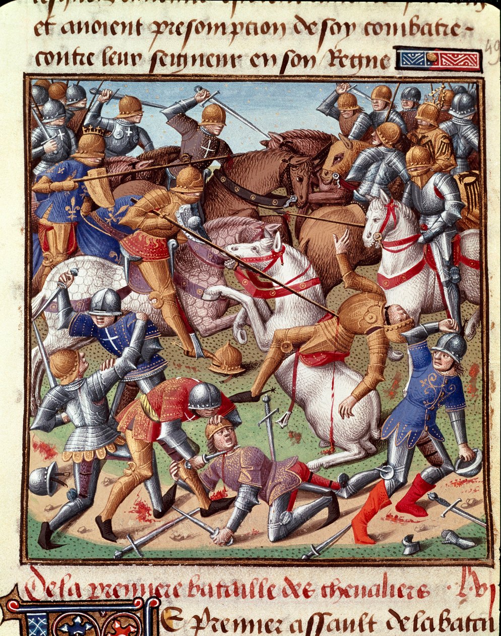 《历史之镜》(Speculum Historiale) (ms. 1196 fol. 408 r.) 中的微型战斗场景，Vincent de Beauvais (1190-1264) 由 Jean de Vignay 翻译成法语 作者 未知艺术家