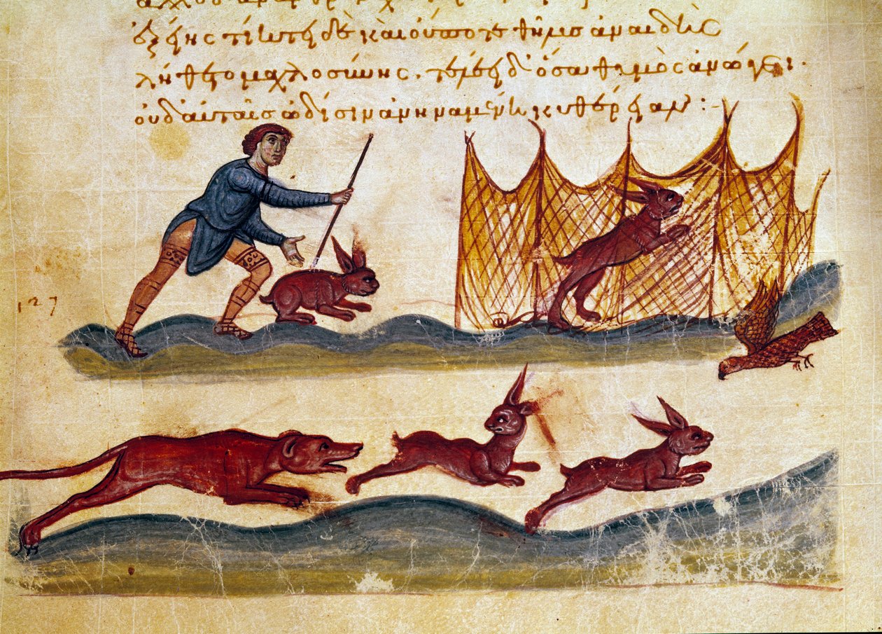 狩猎野兔的场景 取自叙利亚（公元 3 世纪）的 Oppian（Oppian 或 Oppianus）的狩猎贸易“The Cynegetics”的缩影，献给卡拉卡拉。 11世纪威尼斯。 马西亚纳图书馆 作者 未知艺术家