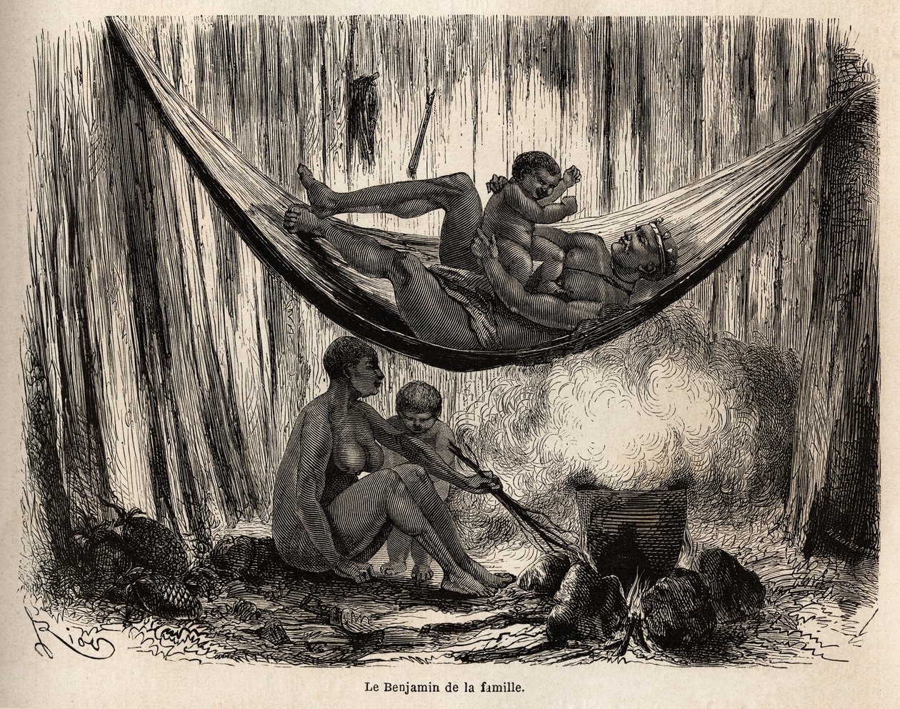 圣何塞（秘鲁）使命的 Yahuas 印第安人的家庭生活场景，男人在吊床上玩他的最后一个 n，而妻子和腹股沟孩子准备棕榈 chambira 的茎，注定要制作吊床 - 网 Yahuas 表现出色。 恩格拉 作者 未知艺术家