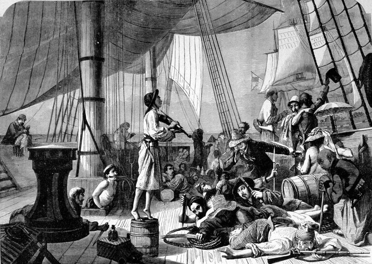 Scene on the deck of a pirate ship. 19th century engraving. 作者 未知艺术家