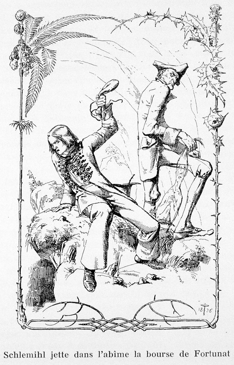 Schlemihl 将 Fortunat 的钱包扔进深渊——在 Aldebert Von Chamisso 的“皮埃尔·施莱米尔的精彩故事”中 作者 未知艺术家