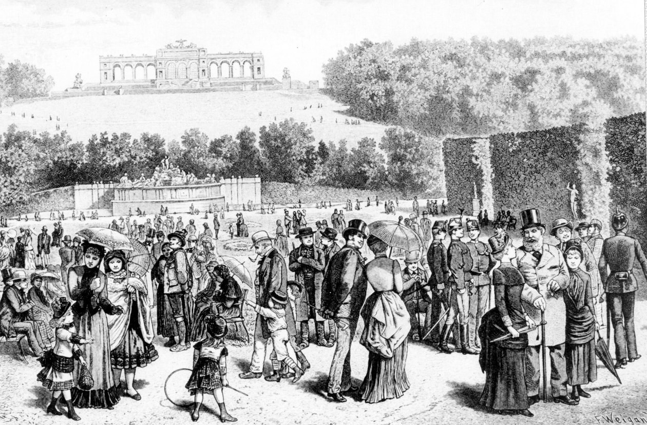 美泉宫公园 (Schonbrunn Park) 是一座宫殿和花园的综合体，距离维也纳不远，自 18 世纪以来就是哈布斯堡家族的夏宫。 19 世纪的石版画。 作者 未知艺术家