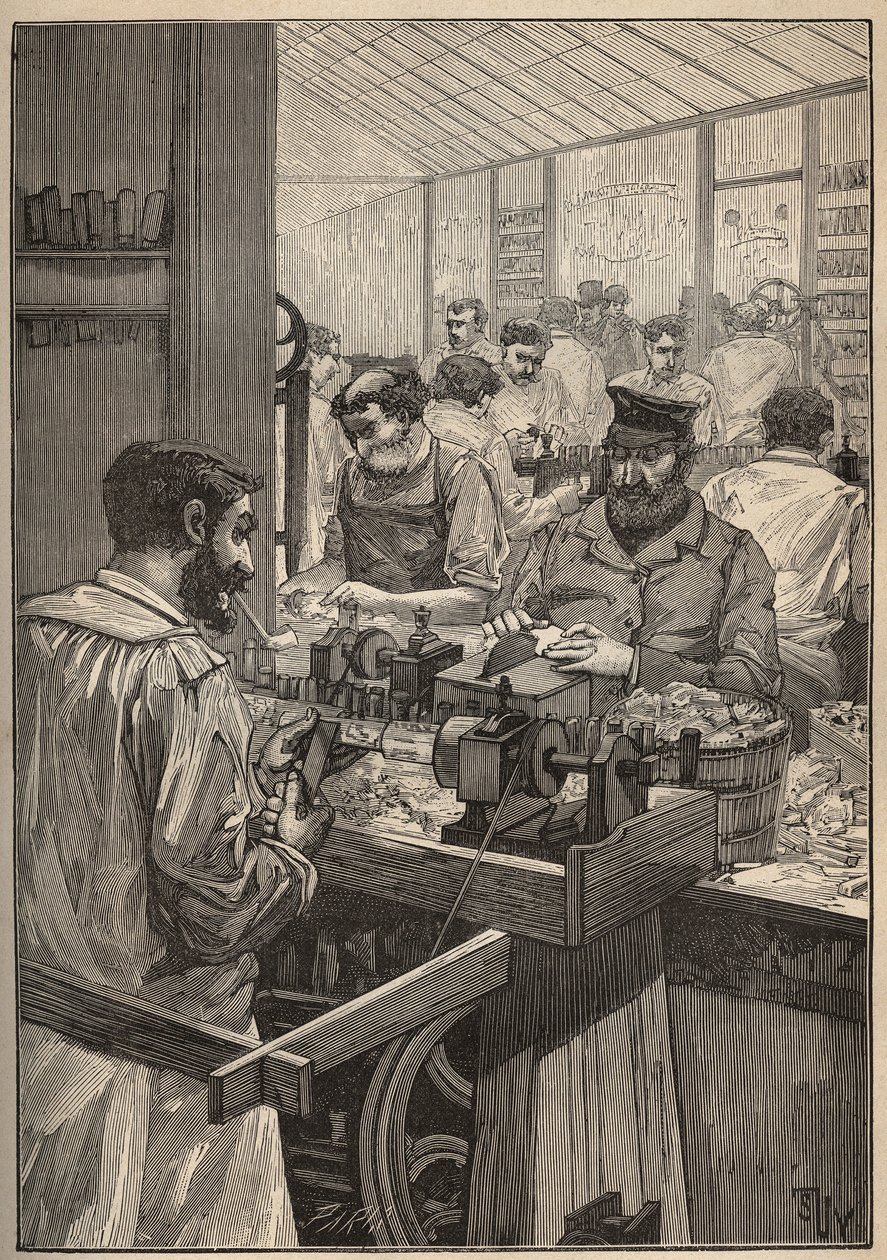 海鳞：海鳞管的制造。雕刻于1885年的 "Les arts et metiers illustrstres"，作者是Adolphe BITARD。 作者 未知艺术家