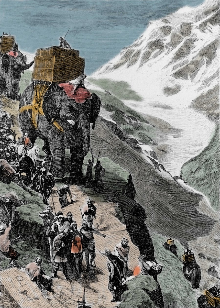 第二次布匿战争。 公元前 218 年，汉尼拔·巴尔卡的军队穿越阿尔卑斯山。 19 世纪的意大利版画。 作者 未知艺术家