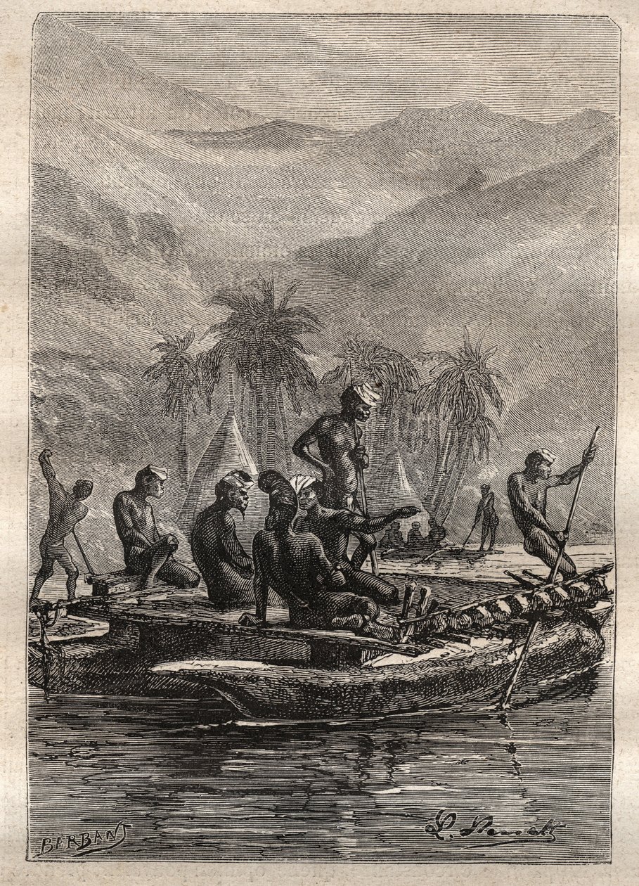 詹姆斯-库克船长（1728-1779）的第二次航行（1772-1775）：当地人有足够的信心接近和交换（新喀里多尼亚）--插图取自 "18世纪伟大的航海家" 作者 未知艺术家