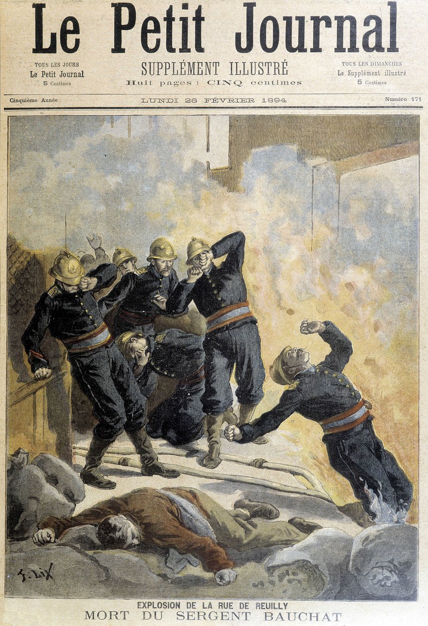 Bauchat 中士在 rue de Reuilly 爆炸后在消防队员中丧生。 1894 年的“小杂志”插图。 作者 未知艺术家