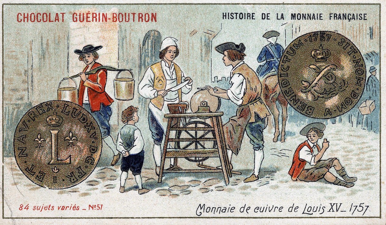 由Chocolat Guérin Boutron出版的《法国货币史》系列。19世纪的彩色石版画。1757年路易十五的铜币 作者 未知艺术家