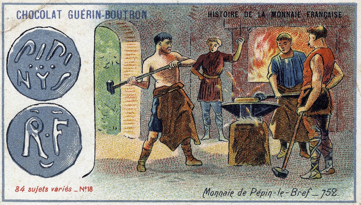 由Chocolat Guérin Boutron出版的《法国货币史》系列。19世纪的彩色石版画。佩平在752年的货币简报 作者 未知艺术家