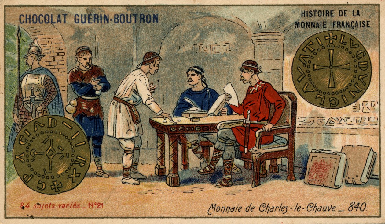 由Chocolat Guérin Boutron出版的《法国货币史》系列。19世纪的彩色石版画。840年查理秃头的硬币 作者 未知艺术家
