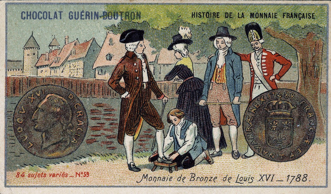 由Chocolat Guérin Boutron出版的《法国货币史》系列。19世纪的彩色石版画。1788年路易十六的铜币 作者 未知艺术家