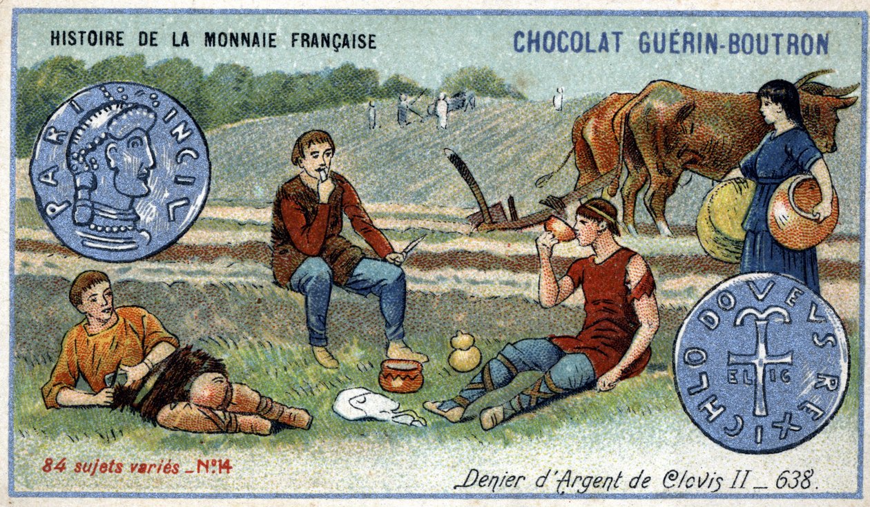由Chocolat Guérin Boutron出版的《法国货币史》系列。19世纪的彩色石版画。638年克洛维斯二世的银质变体 作者 未知艺术家