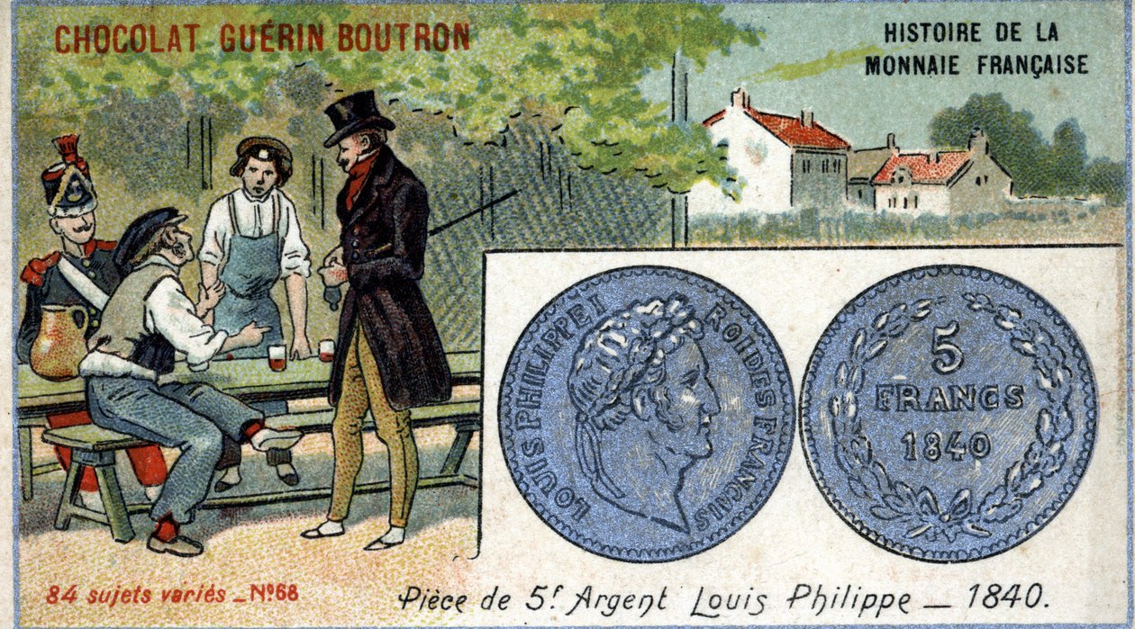 由Chocolat Guérin Boutron出版的《法国货币史》系列。19世纪的彩色石版画。5法郎银币。1840年，路易-菲利普第1次 作者 未知艺术家
