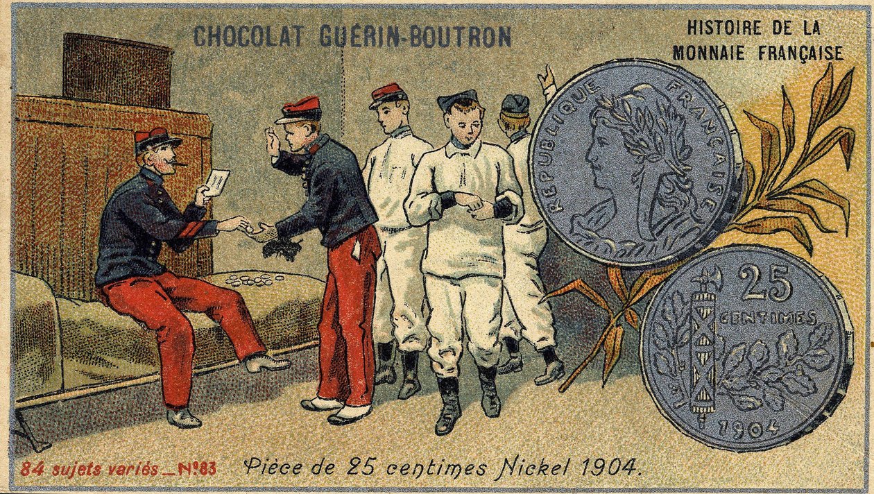 由Chocolat Guérin Boutron出版的《法国货币史》系列。19世纪的彩色石版印刷。25美分硬币。镍币 1904年 作者 未知艺术家