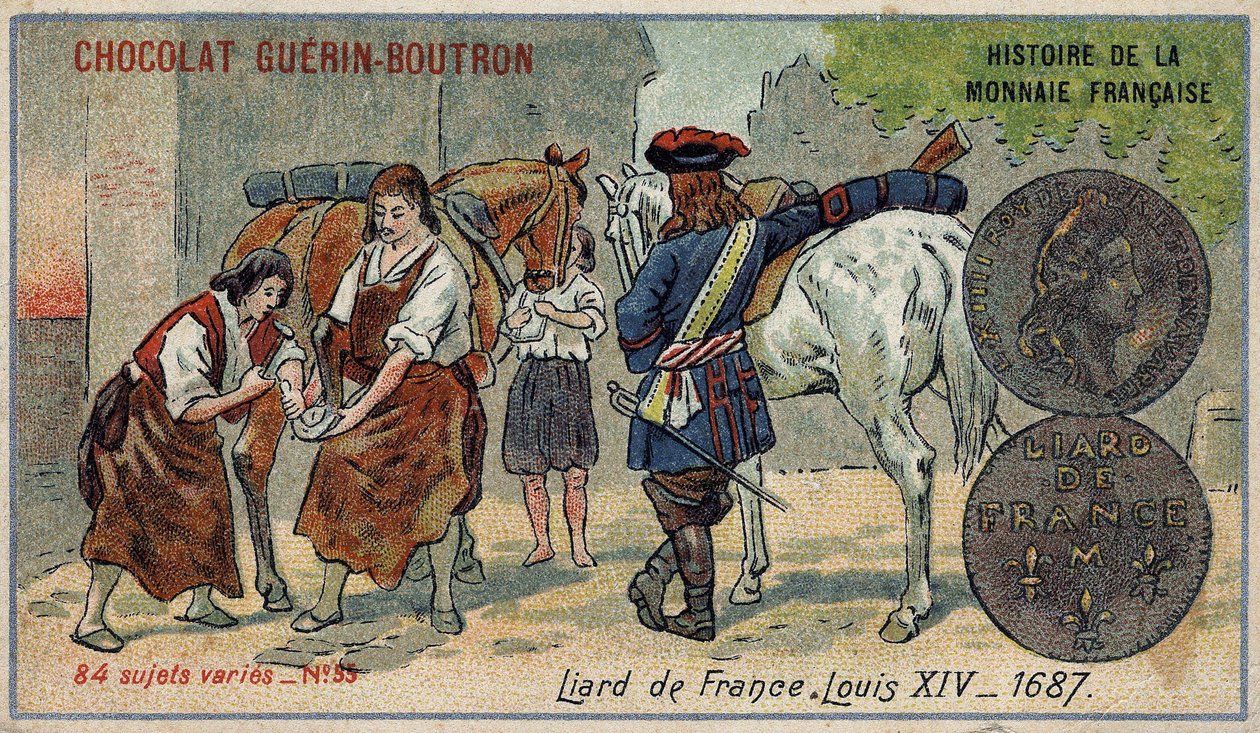 由Chocolat Guérin Boutron出版的《法国货币史》系列。19世纪的彩色石版画。来自法国的利亚德。1687年的路易十四 作者 未知艺术家